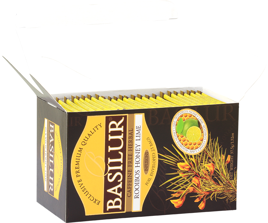 Basilur Rooibos Honey Lime - herbata rooibos z dodatkiem jabłka, liści jeżyn, korzenia lukrecji oraz aromatu cytryny, limonki oraz miodu. Ciemne, ozdobne pudełko z botanicznym motywem.