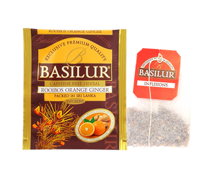 Basilur Rooibos Orange Ginger - herbata rooibos z dodatkiem liści pomarańczy, imbiru, trawy cytrynowej, skórki pomarańczy oraz aromatu pomarańczy. Ciemne, ozdobne pudełko z botanicznym motywem.