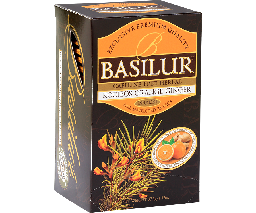 Basilur Rooibos Orange Ginger - herbata rooibos z dodatkiem liści pomarańczy, imbiru, trawy cytrynowej, skórki pomarańczy oraz aromatu pomarańczy. Ciemne, ozdobne pudełko z botanicznym motywem.