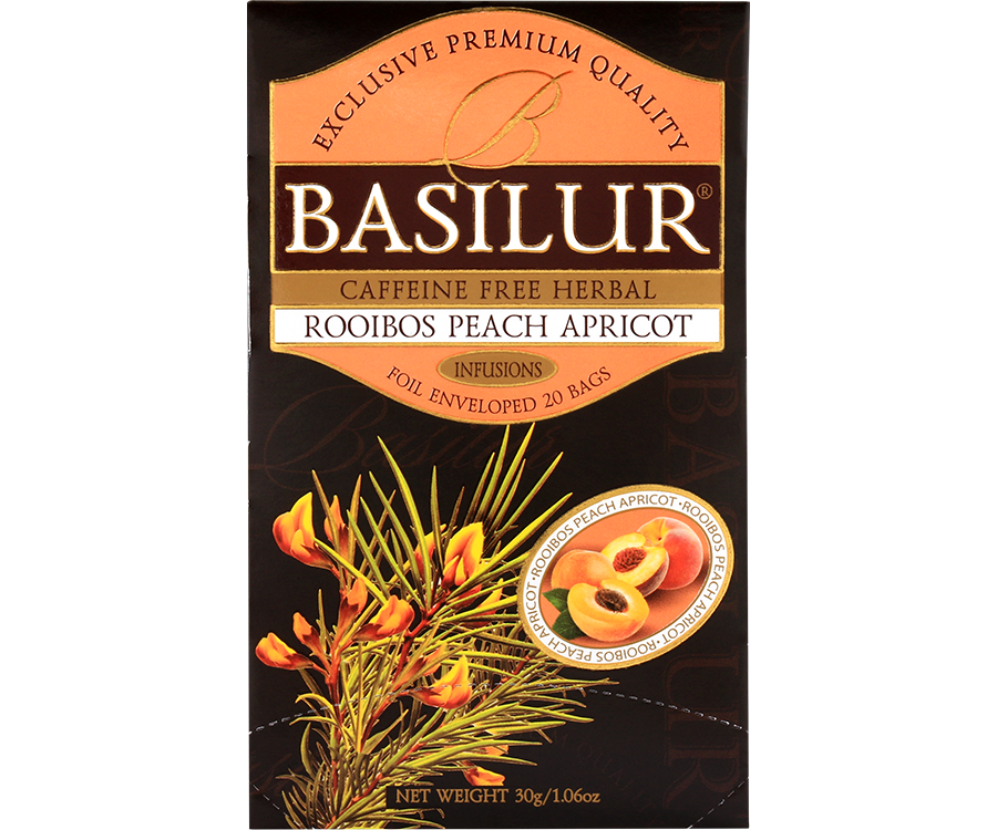 Basilur Rooibos Peach Apricot - herbata rooibos z dodatkiem hibiskusa, owoców dzikiej róży, skórki cytryny i rumianku oraz aromatu brzoskwini. Ciemne, ozdobne pudełko z botanicznym motywem.
