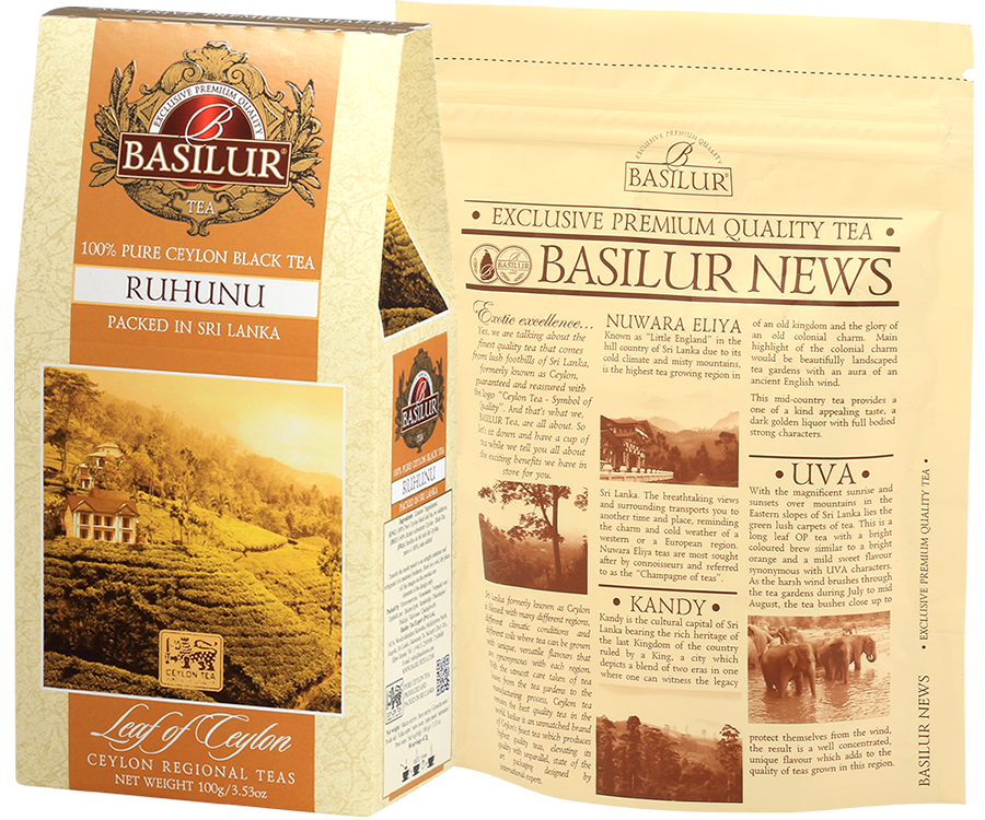 Basilur Ruhunu - czarna herbata cejlońska bez dodatków, liściasta. Pomarańczowe pudełko z górskim motywem.