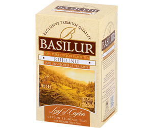 Basilur Ruhunu - cejlońska herbata czarna, ekspresowa bez dodatków. Kremowe, ozdobne pudełko ze zdjęciem plantacji herbaty.