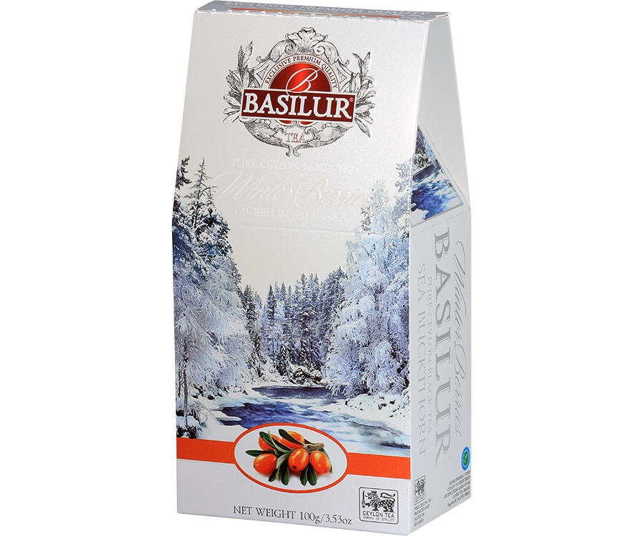 Basilur Sea Buckthorn - czarna liściasta herbata cejlońska z dodatkiem owoców rokitnika zwyczajnego, chabru oraz aromatem rokitnika. Ozdobne opakowanie z zimowym motywem.