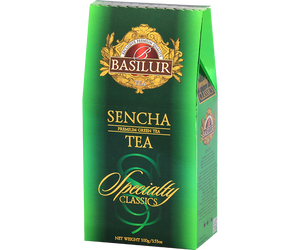 Basilur Sencha - zielona herbata liściasta Sencha w ozdobnym, zielonym pudełku z logo Basilur.