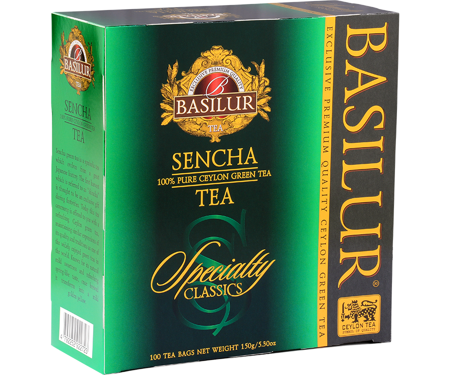 Basilur Sencha - zielona herbata cejlońska Sencha. 100 torebek w ozdobnym, zielonym pudełku.
