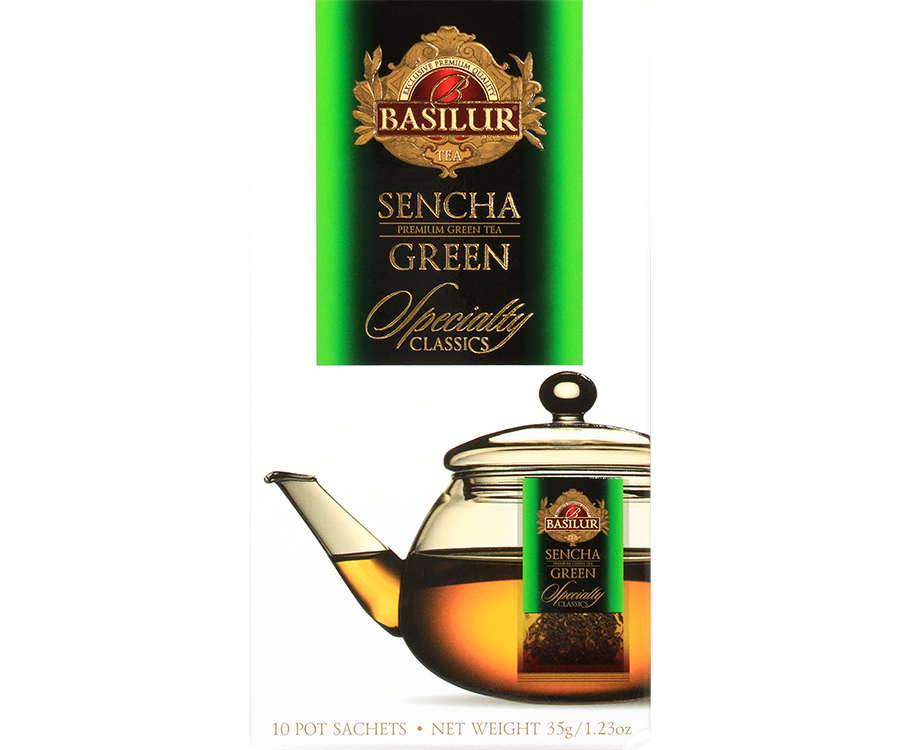 Basilur Sencha Big Bag - zielona herbata cejlońska w dużych torebkach kopertowych. Ozdobne, białe pudełko z logo Basilur.