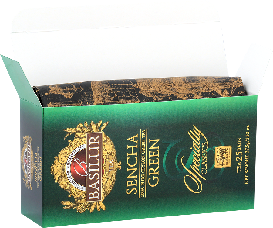 Basilur Sencha - zielona herbata cejlońska Sencha w biodegradowalnych torebkach. Ozdobne, zielone pudełko z logo Basilur.