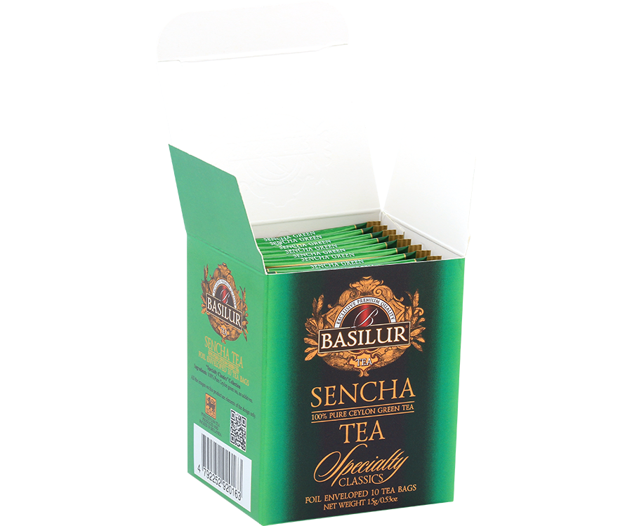 Basilur Sencha - zielona herbata cejlońska Sencha w kopertach. Ozdobne, zielone pudełko z logo Basilur.