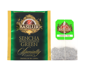 Basilur Sencha - zielona herbata cejlońska Sencha w ozdobnej, zielonej kopercie.