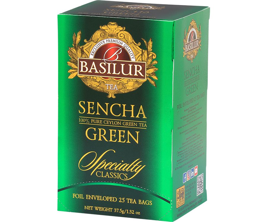  Basilur Sencha - zielona herbata cejlońska w torebkach kopertowych. Ozdobne, zielone pudełko z logo Basilur.