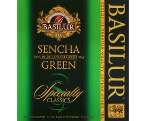 Basilur Sencha - zielona herbata cejlońska Sencha. 50 kopert w ozdobnym, zielonym pudełku z logo Basilur.
