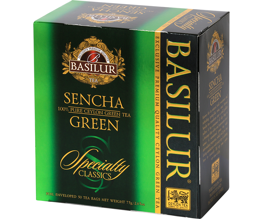 Basilur Sencha - zielona herbata cejlońska Sencha. 50 kopert w ozdobnym, zielonym pudełku z logo Basilur.