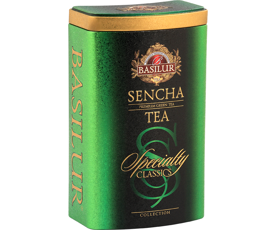 Basilur Sencha - zielona herbata liściasta Sencha w ozdobnej, zielonej puszce z logo Basilur.