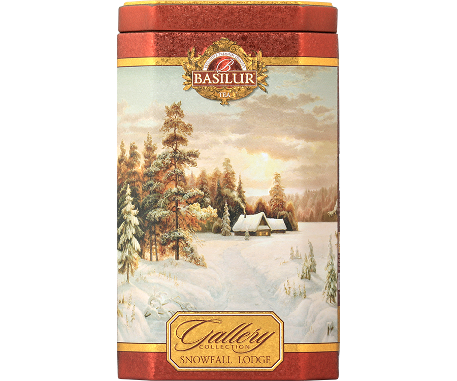 Basilur Snowfall Lodge – czarna herbata z dodatkiem pomarańczy, nagietka, malwy oraz aromatu mandarynki. Ozdobna puszka ze śnieżnym motywem.