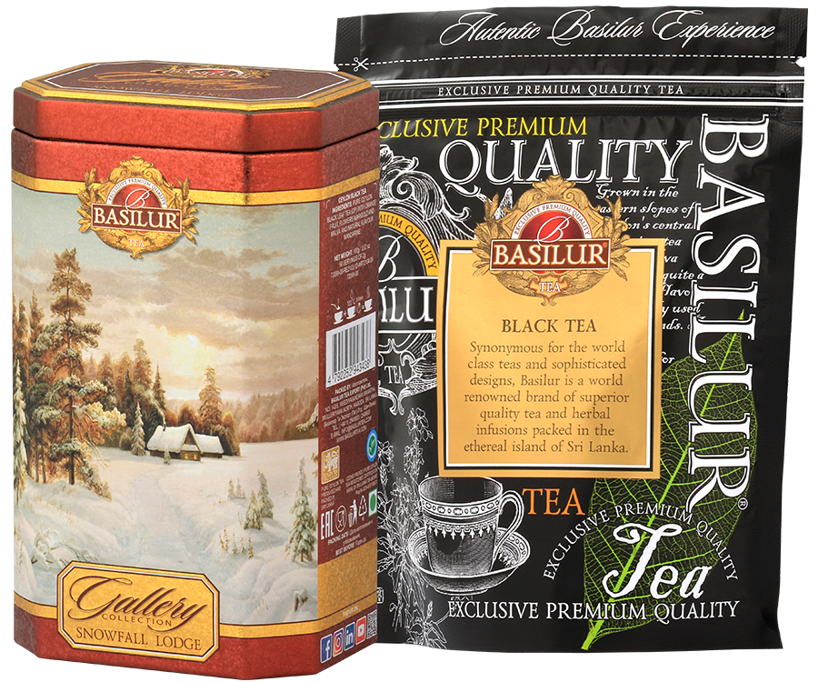 Basilur Snowfall Lodge – czarna herbata z dodatkiem pomarańczy, nagietka, malwy oraz aromatu mandarynki. Ozdobna puszka ze śnieżnym motywem.