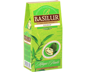 Basilur Soursop - zielona herbata cejlońska z dodatkiem gravioli, kiwi oraz naturalnym aromatem gravioli. Zielone opakowanie z owocową grafiką.
