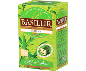 Basilur Soursop - zielona herbata cejlońska z dodatkiem naturalnego aromatu flaszowca miękkociernistego (Soursopa). Zielone opakowanie z owocową grafiką.