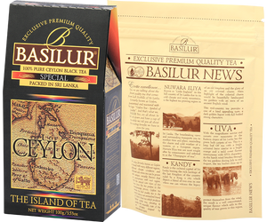 Basilur Special - czarna herbata cejlońska z delikatnymi herbacianymi listkami, bez dodatków. Ozdobne pudełko z grafiką mapy.