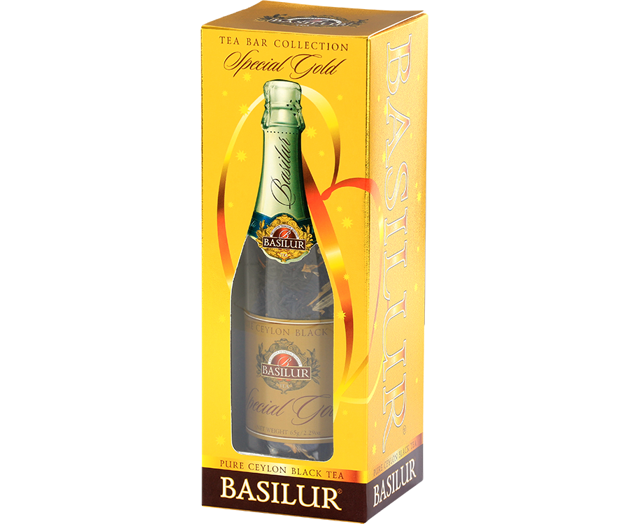 Basilur Speccial Gold - czarna herbata cejlońska z dodatkiem mango, nagietka, krokoszu barwierskiego oraz aromatu kawy, wanilii i śmietanki. Ozdobne opakowanie z grafiką butelki szampana.