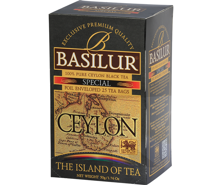 Basilur Special - czarna herbata cejlońska z młodymi herbacianymi listkami, bez dodatków. Ozdobne pudełko z grafiką mapy.