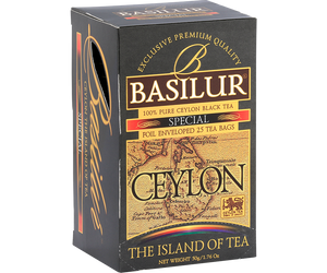 Basilur Special - czarna herbata cejlońska z młodymi herbacianymi listkami, bez dodatków. Ozdobne pudełko z grafiką mapy.