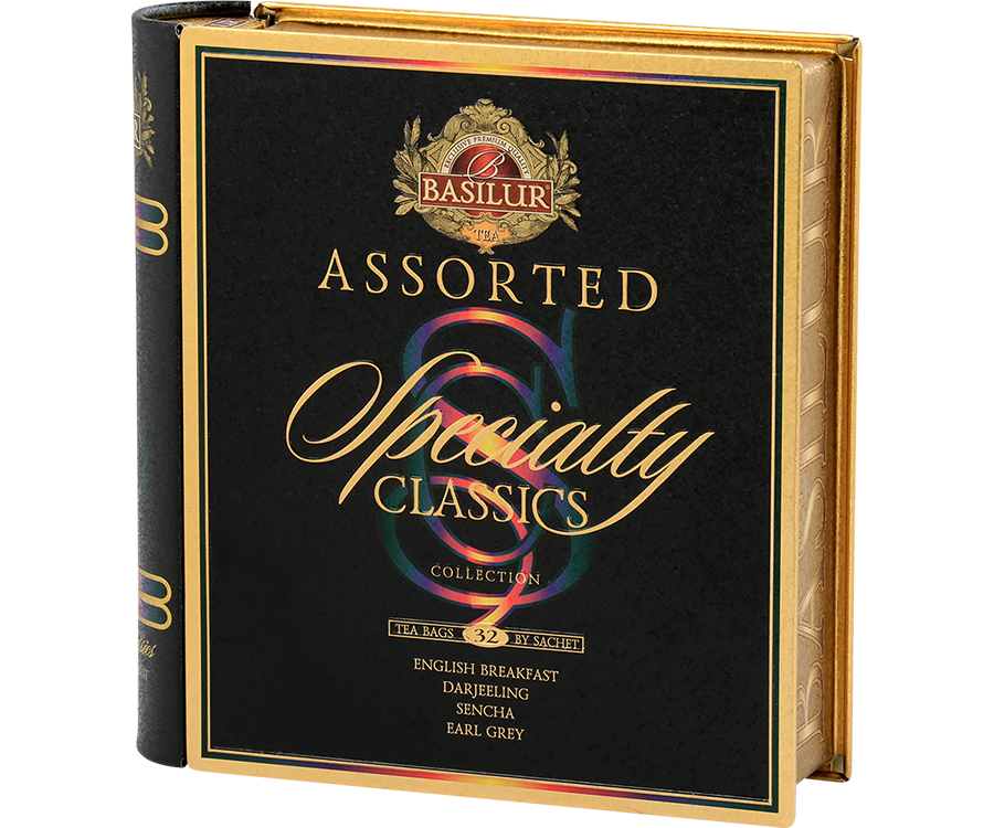 Basilur Specialty Classic – zestaw 4 klasycznych herbat z kolekcji Specialty Classics. Zdobiona puszka w kształcie książki. 
