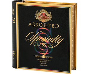 Basilur Specialty Classic – zestaw 4 klasycznych herbat z kolekcji Specialty Classics. Zdobiona puszka w kształcie książki. 