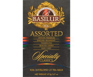 Basilur Specialty Classics Assorted - zestaw 5 smaków herbat cejlońskich. 25 torebek kopertowych w ozdobnym pudełku z logo Basilur.