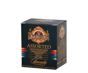 Basilur Specialty Classics - zestaw 5 smaków herbat z Cejlonu. 10 torebek w ozdobnym, czarnym pudełku z logo Basilur.