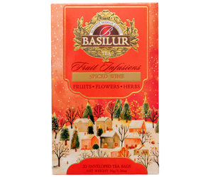 Basilur Spiced Wine - bezkofeinowy napar owocowy z cynamonem i winogronami. Ozdobne pudełko ze świątecznym motywem.