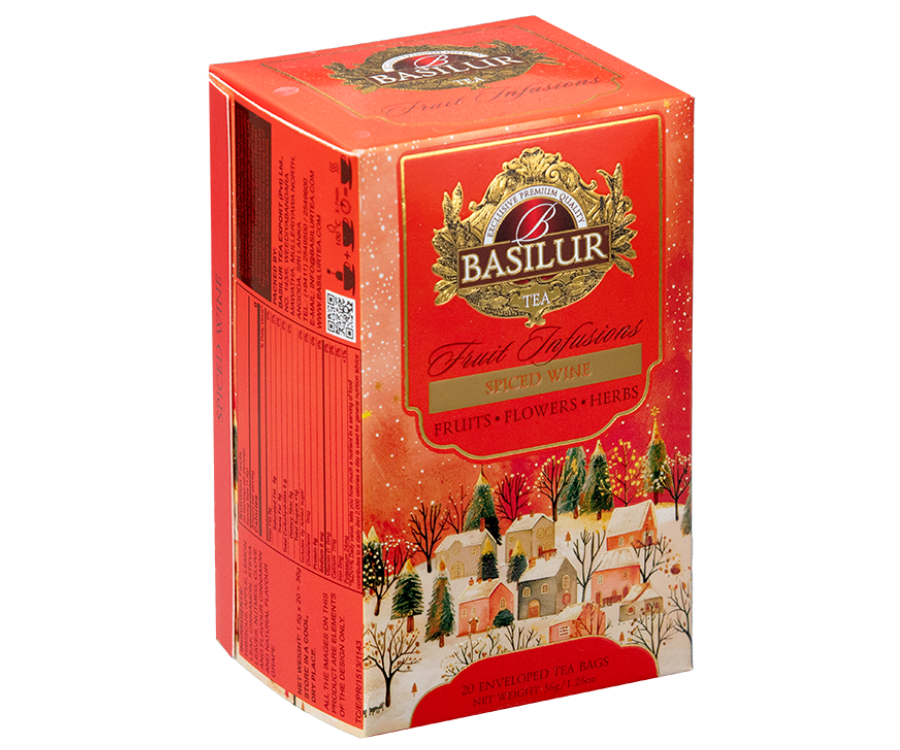 Basilur Spiced Wine - bezkofeinowy napar owocowy z cynamonem i winogronami. Ozdobne pudełko ze świątecznym motywem.