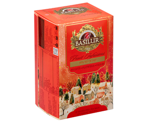 Basilur Spiced Wine - bezkofeinowy napar owocowy z cynamonem i winogronami. Ozdobne pudełko ze świątecznym motywem.