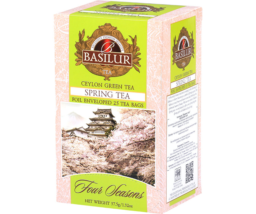 Basilur Spring Tea - herbata zielona ekspresowa z dodatkiem aromatu wiśni. Różowe, ozdobne pudełko z wiosennym motywem.