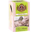 Basilur Spring Tea - herbata zielona ekspresowa z dodatkiem aromatu wiśni. Różowe, ozdobne pudełko z wiosennym motywem.