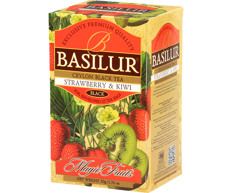 Basilur Strawberry & Kiwi - czarna herbata cejlońska z dodatkiem jabłka oraz aromatu truskawki i kiwi. Ozdobne opakowanie z owocowym motywem.