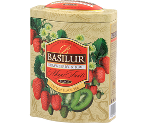 Basilur Strawberry & Kiwi - czarna herbata cejlońska skomponowana z listków FBOP z dodatkiem truskawki, owoców goji, bławatka oraz naturalnym aromatem truskawki i kiwi. Ozdobna puszka z motywem owoców.