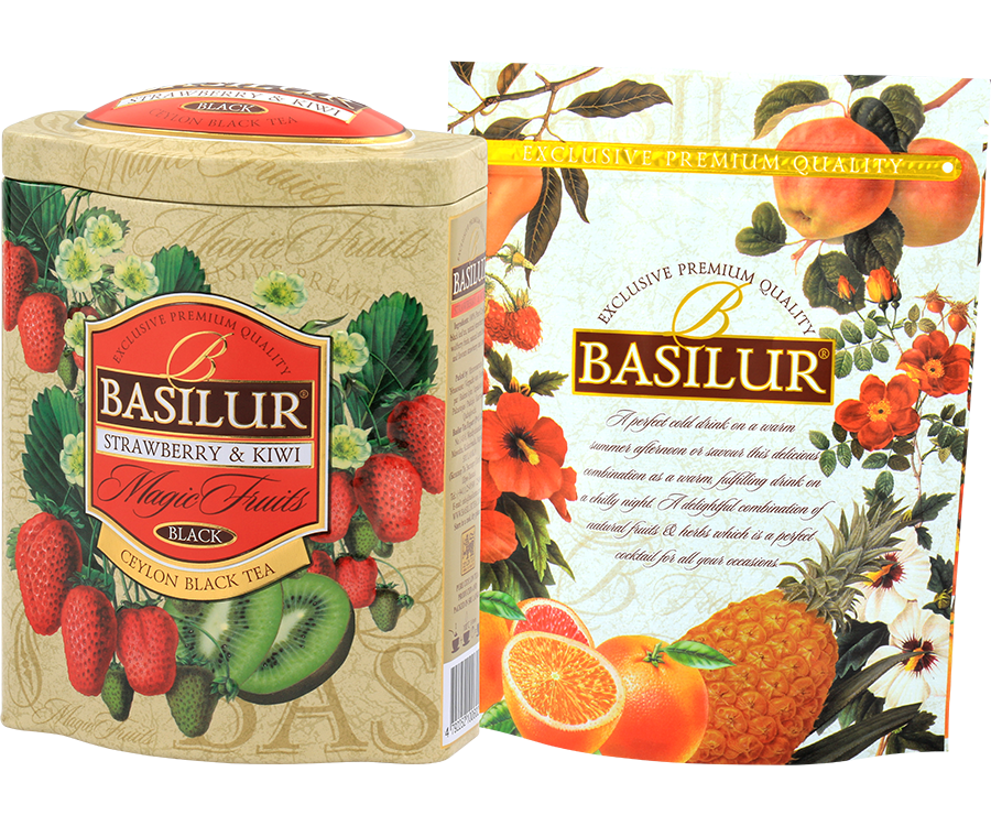 Basilur Strawberry & Kiwi - czarna herbata cejlońska skomponowana z listków FBOP z dodatkiem truskawki, owoców goji, bławatka oraz naturalnym aromatem truskawki i kiwi. Ozdobna puszka z motywem owoców.