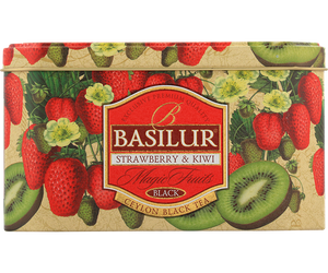 Basilur Strawberry & Kiwi - czarna herbata cejlońska z dodatkiem kiwi oraz naturalnym aromatem truskawki. Ozdobna puszka z motywem owoców.