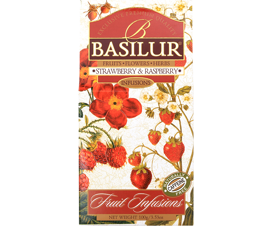 Basilur Strawberry&Raspberry - owocowa herbata bezkofeinowa z dodatkiem papai, jabłka, wiśni, truskawki, jagód goji, hibiskusa oraz aromatu truskawki i maliny. Ozdobne opakowanie z owocowym motywem.