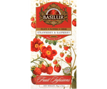 Basilur Strawberry&Raspberry - owocowa herbata bezkofeinowa z dodatkiem hibiskusa, liści stewii, skórki pomarańczy, jabłka oraz aromatu truskawki, maliny i cytryny. Ozdobne opakowanie z owocowo-kwiatowym motywem.