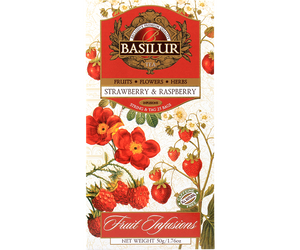 Basilur Strawberry&Raspberry - owocowa herbata bezkofeinowa z dodatkiem hibiskusa, liści stewii, skórki pomarańczy, jabłka oraz aromatu truskawki, maliny i cytryny. Ozdobne opakowanie z owocowo-kwiatowym motywem.