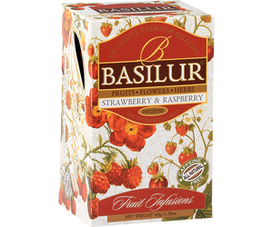 Basilur Strawberry&Raspberry- owocowa herbata bezkofeinowa z dodatkiem dzikiej róży, hibiskusa, pomarańczy, bazylii oraz aromatu truskawki, maliny i owoców tropikalnych. Ozdobne opakowanie z owocowo-kwiatowym motywem.