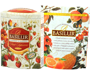 Basilur Strawberry&Raspberry - owocowa herbata bezkofeinowa z dodatkiem papai, jabłka, wiśni, truskawki, jagód goji, hibiskusa oraz aromatu truskawki i maliny. Ozdobna puszka z owocowym motywem.