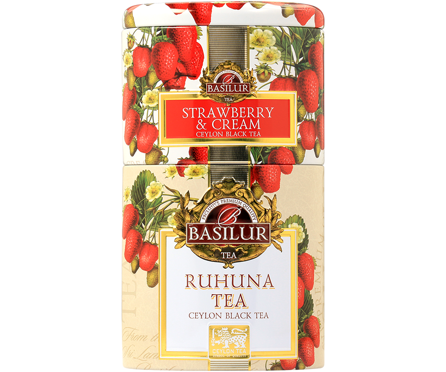 Basilur Strawberry & Ruhunu – zestaw dwóch rodzajów herbat w puszkach: czarna herbata cejlońska bez dodatków oraz czarna herbata cejlońska z dodatkiem papai, dzikiej róży, truskawki, płatków róży, krokoszu barwierskiego i aromatu truskawki i śmietanki.