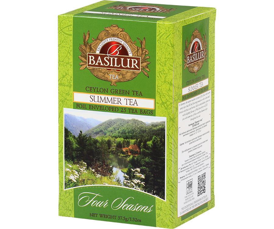 Basilur Summer Tea - herbata zielona ekspresowa z dodatkiem aromatu poziomki. Zielone, ozdobne pudełko z letnim motywem.
