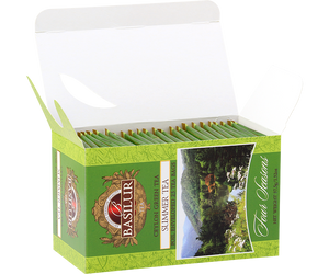 Basilur Summer Tea - herbata zielona ekspresowa z dodatkiem aromatu poziomki. Zielone, ozdobne pudełko z letnim motywem.