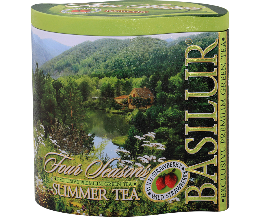 Basilur Summer Tea - zielona herbata cejlońska z dodatkiem zielonej herbaty z innych regionów, papai, poziomki, chabru, nagietka oraz aromatu poziomki w puszce.