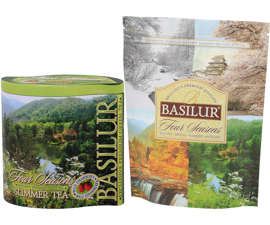 Basilur Summer Tea - zielona herbata cejlońska z dodatkiem zielonej herbaty z innych regionów, papai, poziomki, chabru, nagietka oraz aromatu poziomki w puszce.