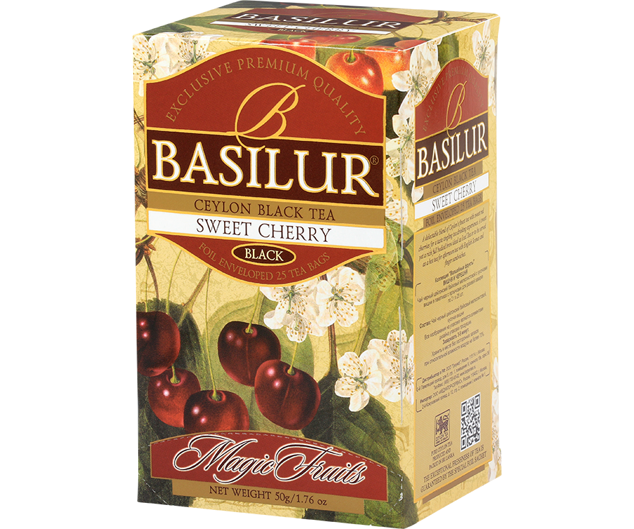 Basilur Sweet Cherry - czarna herbata cejlońska z dodatkiem naturalnego aromatu słodkiej wiśni. Ozdobne pudełko z motywem kwiatowo-owocowym.