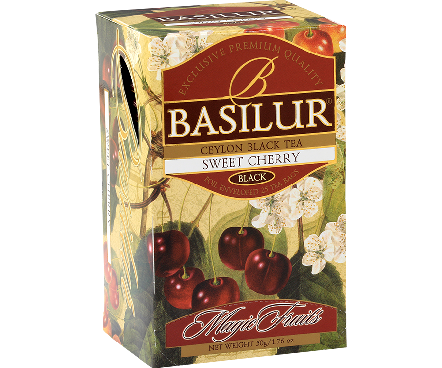 Basilur Sweet Cherry - czarna herbata cejlońska z dodatkiem naturalnego aromatu słodkiej wiśni. Ozdobne pudełko z motywem kwiatowo-owocowym.